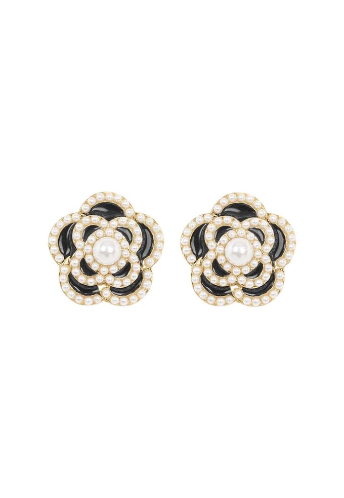 Margot Bardot Camelia Flower Pearl Studs Black
