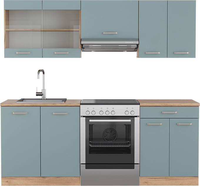 Vicco R-Line Complete keukeneenheid – 200 cm, WB Eik Blauw-grijs/gouden eik