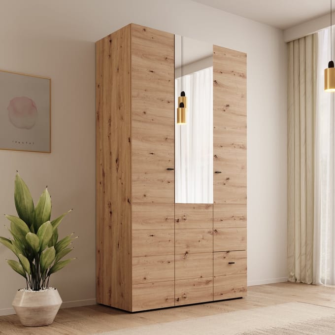 Meubella - Nouran - Kledingkast 3-deurs - Eikenpatroon - 117x52x208 cm