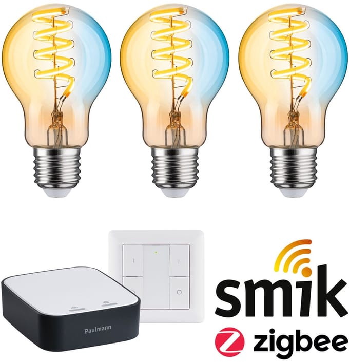 Paulmann Zigbee 3.0 Smart Home Startset Smik Gateway + Wandschakelaar + 3x Filament LED Lamp E27 Tunable White - 2200K-5500K - Goud - Dimbaar