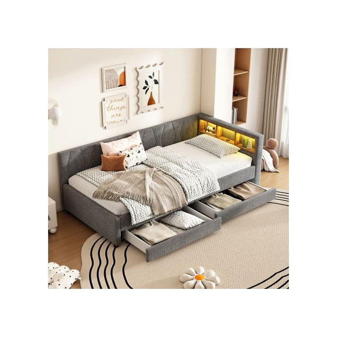 Sofabed - MUVOE - Daybed - 90 x 200 cm - Éclairage LED télécommandé - USB+Type-C et rangements