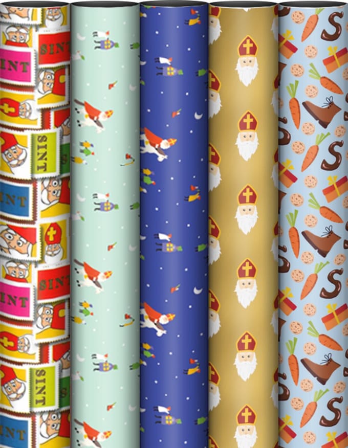Sinterklaas cadeau papier gekleurd set van 5 verschillende rollen | Luxe cadeau papier