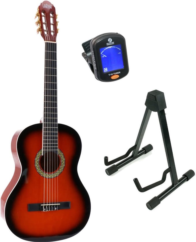 LaPaz 002 SB klassieke gitaar 4/4-formaat sunburst + statief + tuner