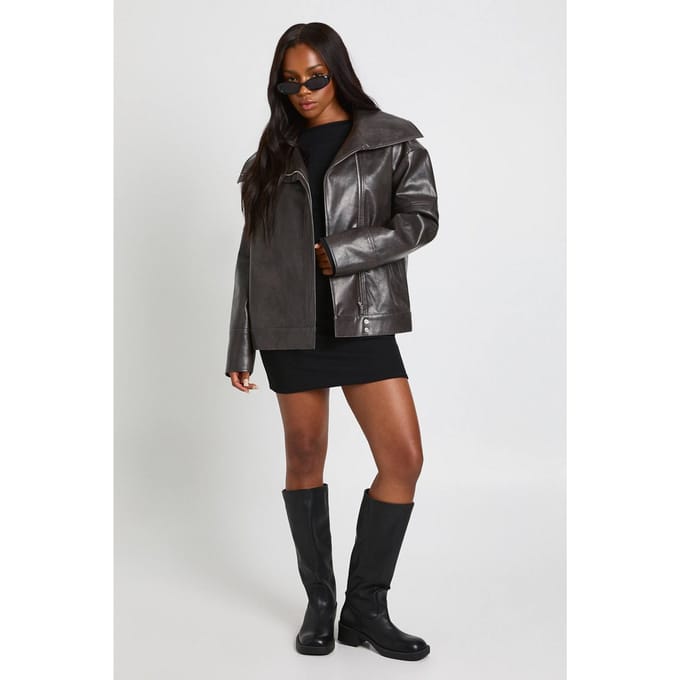 boohoo Dames PU-jack met oversized kraag | Grey | Maat: 8