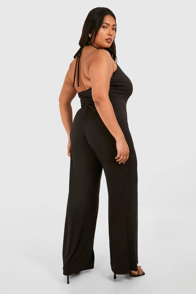 boohoo Dames Plus Super Soft Basic Tie Low Back Beach Jumpsuit | Zwart | Maat: 56