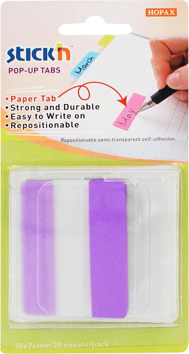 Stick'n Bladwijzers - Extra stevig - Sticky index tabs - 38x50mm - Paars - 10 tabs in houder
