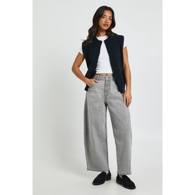 boohoo Dames De Petite Mid Waist Barrel Jeans | Greywash | Maat: 44
