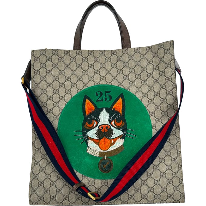 Gucci Bosco Patch GG Supreme Tote Bag in beige gecoat canvas