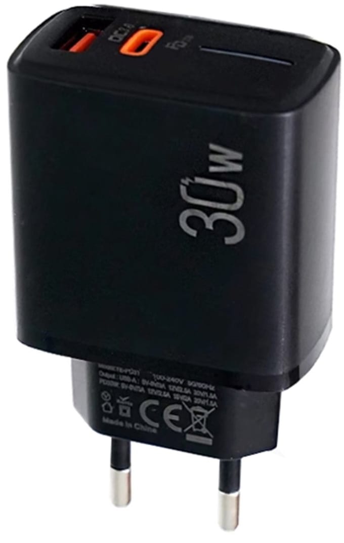 30W USB-C + USB-A Snellader - Multi Protocol Oplader Adapter met PD3.0, PPS, QC3.0 - Geschikt voor telefoons, tablets etc. - zwart