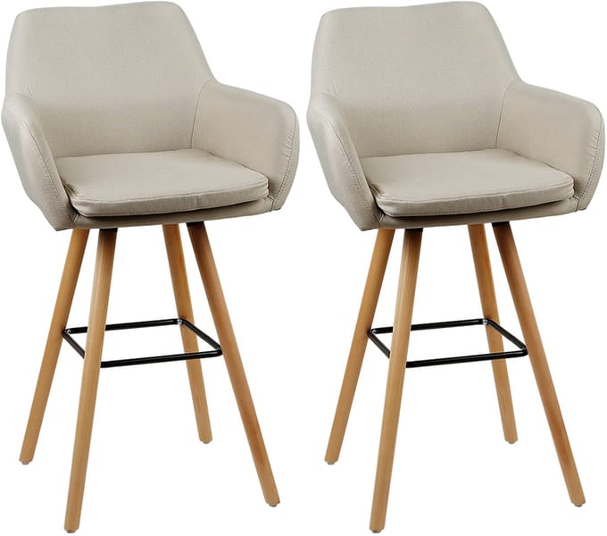 PIPIPOXER-Set van 2 barkrukken met vierpoot houten frame, beige