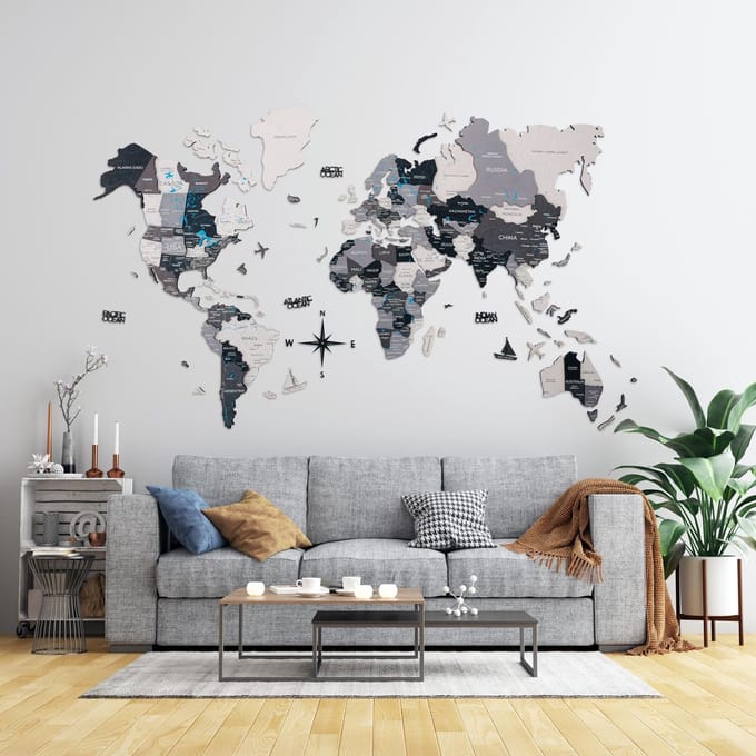Houten Wereldkaart 3D - Nordic - L (150 x 90 cm)