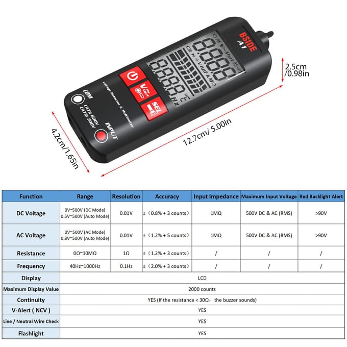 BSIDE A1 Mini Multimeter LCD Digitale Tester Spanningsdetector 2000 Tellingen DC/AC Spanningsfrequentie zwart