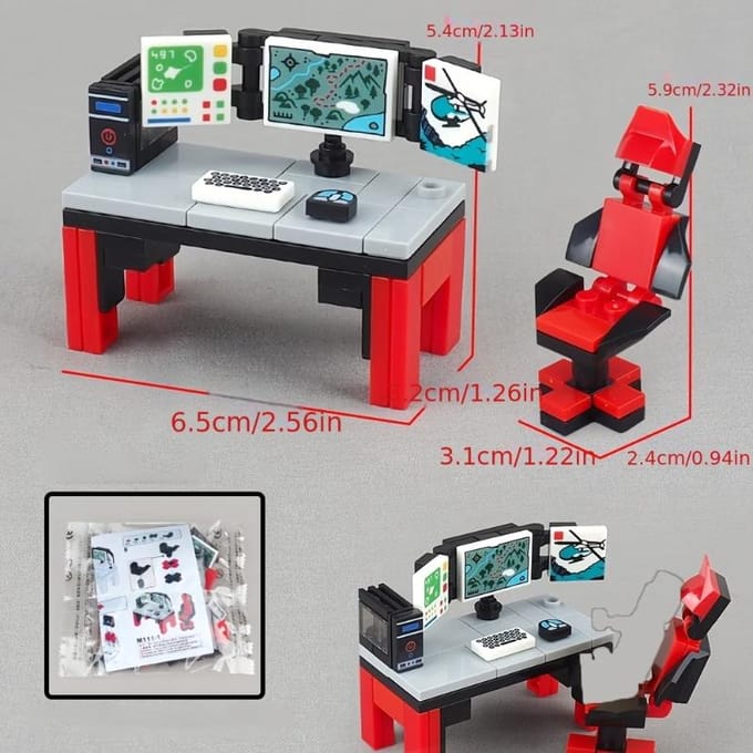 Bureau d'ordinateur et chaise Ensemble de compétition Blocs d'assemblage Minifigurines Modèle de scène Équipement Pièces à petites particules Jouet red