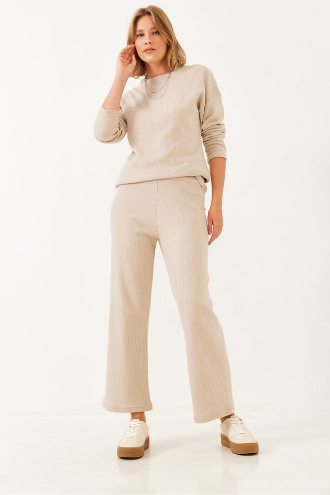 Geribbelde Textuur Crew Neck Trui en Broek Set