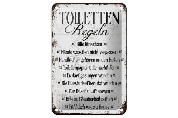 Blechschild Spruch 12x18cm Toiletten Regel bitte hinsetzen