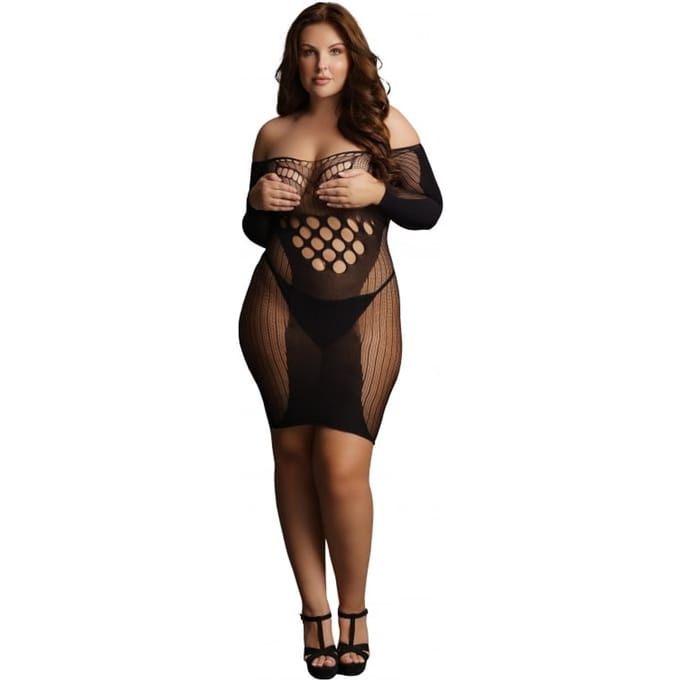 Shots - Le Désir Mini Jurk met Lange Net Mouwen - Plus Size black OSX