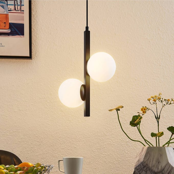 Lucande - hanglamp - 2lichts - Ijzer, glas - H: 36.5 cm - G9 - zwart, opaalwit