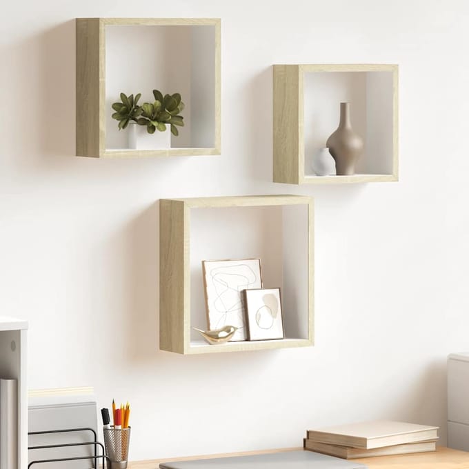 vidaXL - Wandschappen - kubus - 3 - st - wit - en - sonoma - eikenkleurig