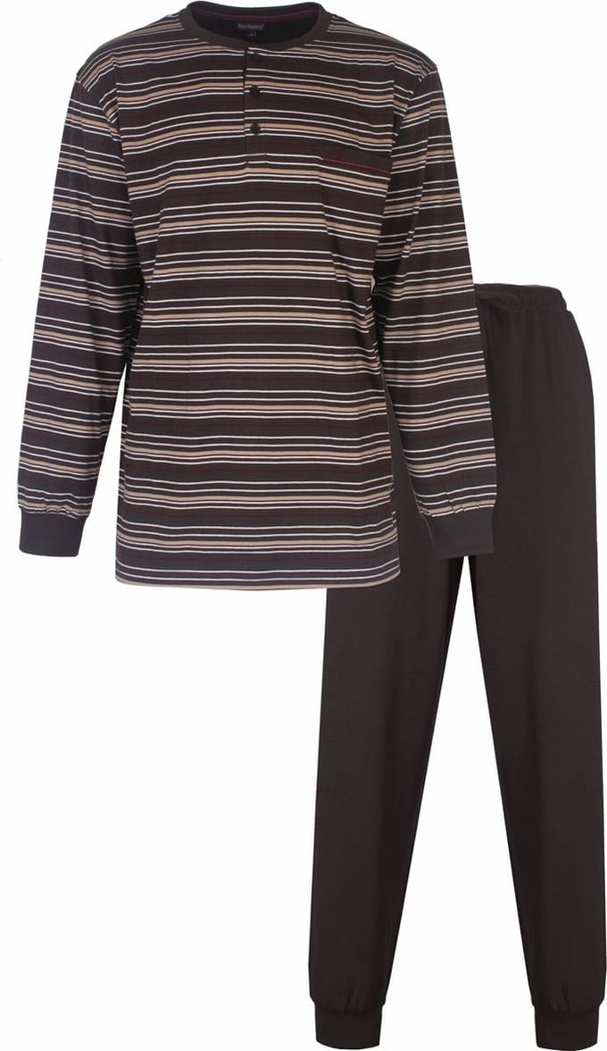 Paul Hopkins Heren Pyjama - Polo Sluiting - Gestreept - Bruin - Maat S