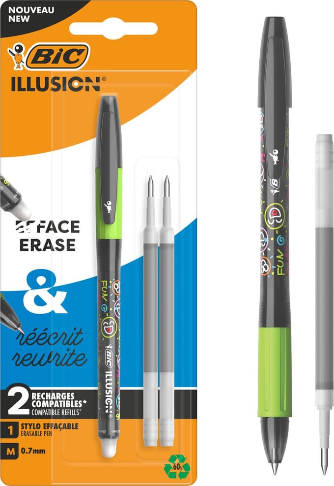 BIC Illusion Uitwisbare Navulbare Balpen voor School en Kantoor - Zwarte pen met 2 Navullingen - Medium Punt 0,7 mm - 1 Stuk