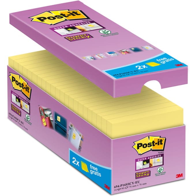 Value Pack: Post-it® Super Sticky Notes, Canary Yellow™, 76mm x 76 mm, 14 blokken + 2 GRATIS