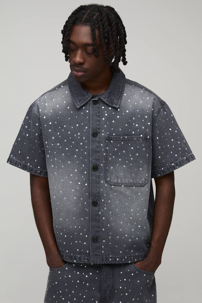 Gewassen Denim Overhemd Met Strass Oversized Boxy Revere Kraag | Grey | Size Small