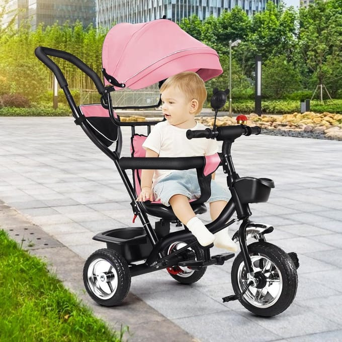 Loopfiets Driewieler 4-in-1 voor Peuters met Duwstang en Zonnekap - Vanaf 1 Jaar