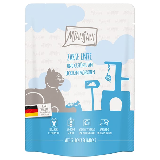 6x 300g MjAMjAM Squeeze malse eend & gevogelte met smakelijke wortelen nat kattenvoer