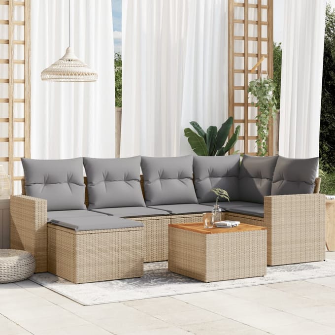 vidaXL - 7-delige - Loungeset - met - kussens - poly - rattan - beige
