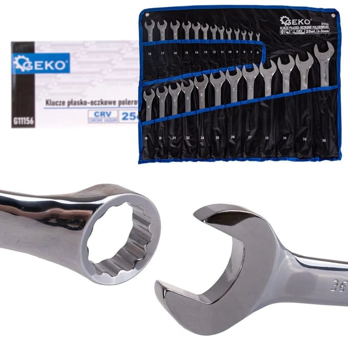 GEKO 25-delige steeksleutelset - CRV staal - 6-36 mm - ergonomisch ontwerp - opbergbaar paneel