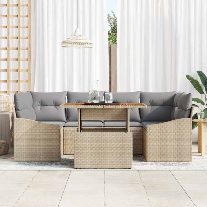 vidaXL Tuin Eettafel Set met kussen 7 pcs Beige en Grijs