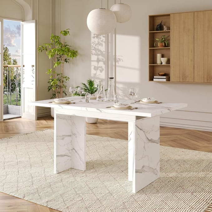 Uittrekbare Eettafel - Eetkamertafel - Gasten Ontvangen - Marmerlook Design - 140-180 cm - Wit
