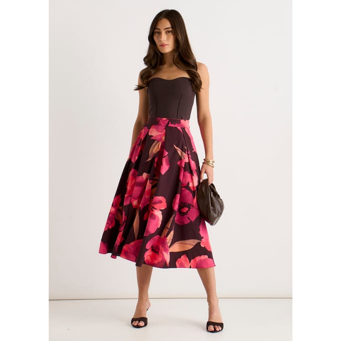 Bruine midi-rok met grote bloemenprint en plooien