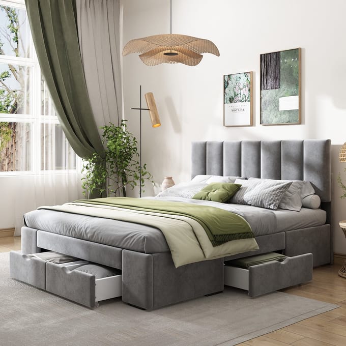 REDOM Bedframe 140x200 cm – Fluweel grijs – Met 4 lades & verstelbaar hoofdbord – Modern