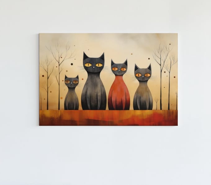Canvas Schilderij - Dieren - Abstract - Katten Familie - 90x60x2 cm