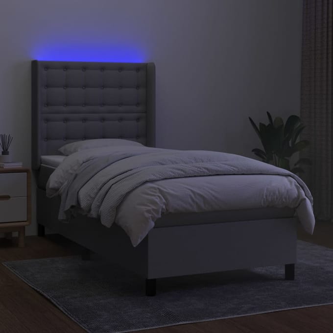 vidaXL - Boxspring - met - matras - en - LED - stof - lichtgrijs - 90x200 - cm