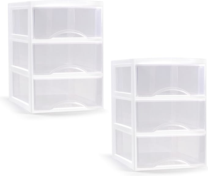 PlasticForte ladeblokje/bureau organizer - 2x - 3 lades - transparant/wit - L26 x B37 x H37 cm