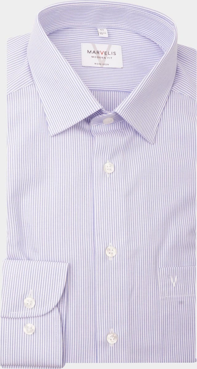 MARVELIS modern fit overhemd - blauw met wit gestreept - Strijkvrij - Boordmaat: 42