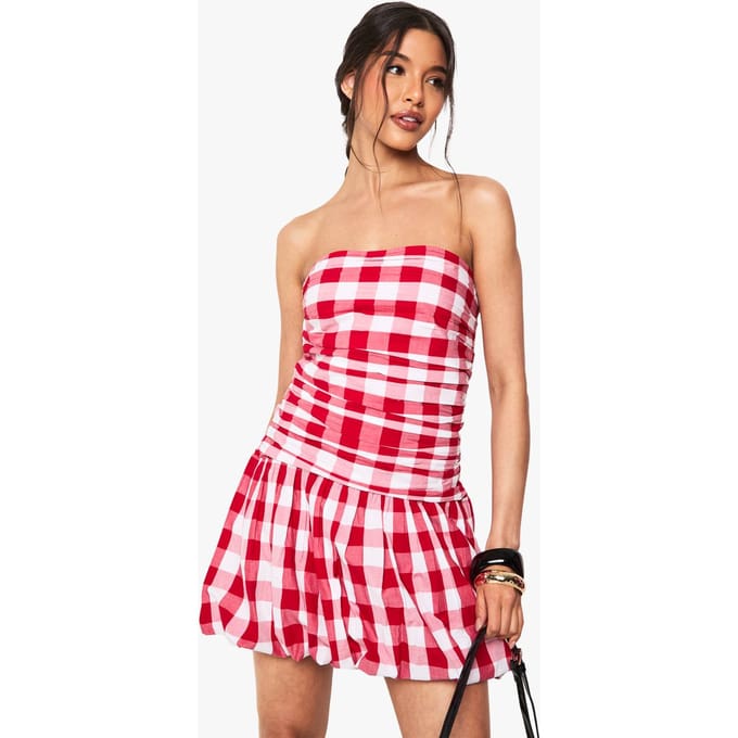 boohoo Dames Gingham Puffball Bandeau Mini Jurk | Rood | Maat: 38