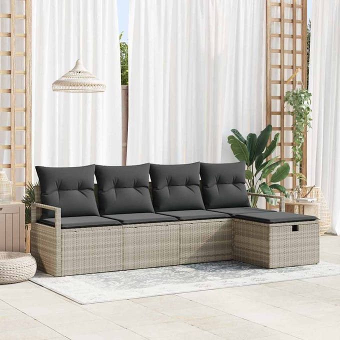 vidaXL - Bankstel - met - kussen - met - opslag - Lichtgrijs - poly - rattan