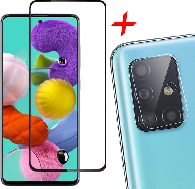 Screenprotector geschikt voor Samsung A51 + Camera Lens Protector - Full Glas Screen Protector