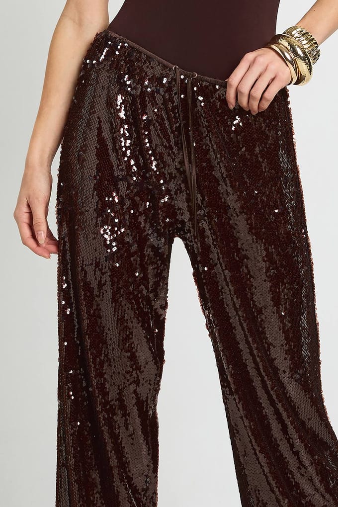 boohoo Dames Tall Lage Taille Trekkoord Tailleband Pailletten Broek | Espresso | Maat: 36