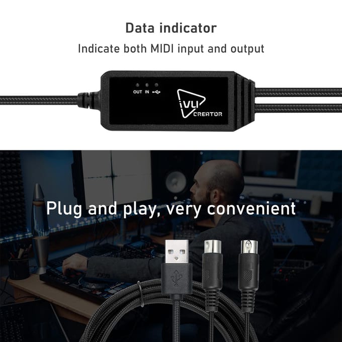 IVU CREATOR Universele MIDI-kabel 5-pins MIDI-naar-USB-kabelconverteradapter Compatibel met verschillende MIDI to USB black