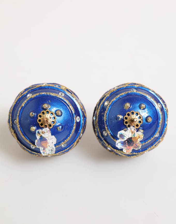 Gouden Messing Blauwe Kerstbal Kristallen Dangle Clip-On Oorringen