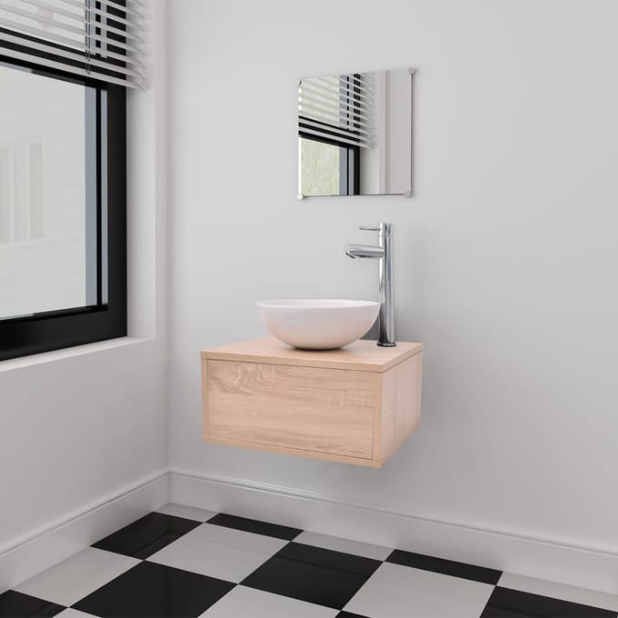 vidaXL - 3-delige - Badkamermeubelset - met - wastafel - beige