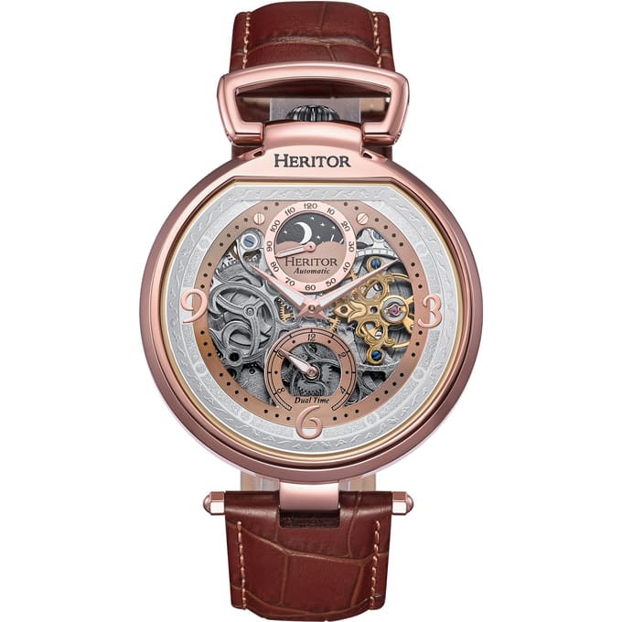 Heritor Automatic Lincoln leren band skelethorloge met maanfase - bruin