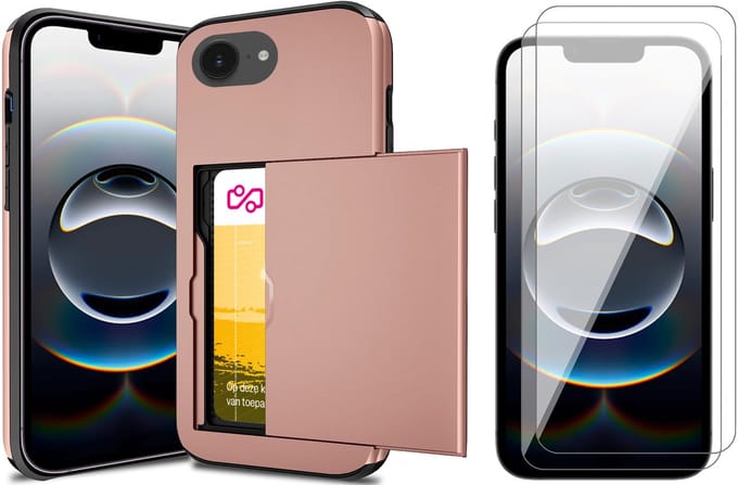 Hoesje met Pasjeshouder geschikt voor iPhone 16e - 2x Screen Protector GlassGuard - Back Cover SlideCase Roségoud & Screenprotector