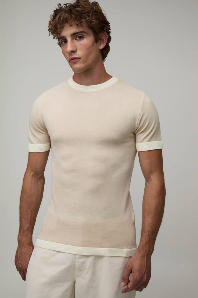 Muscle Fit Ringer Gebreid T-shirt | Ecru | Size Large