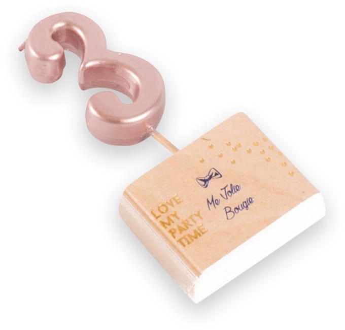 ARTYFETES - Verjaardagskaars cijfer 3 roségoud 4,3 cm metallic met prikker