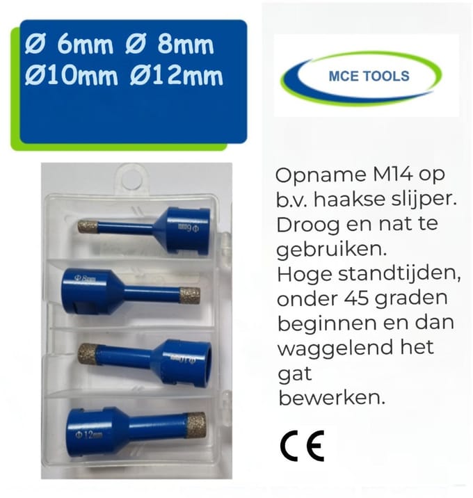 MCETOOLS Diamantboren Set (6–12 mm) – 4-Delig – Voor Tegels, Glas, Marmer & Steen – Inclusief Plastic Opbergbox